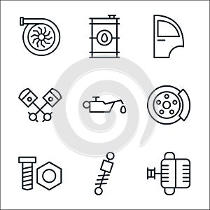 car parts line icons. linear set. quality vector line set such as alternator, shock, nut, brake pad, oil, pistons, car door, oil