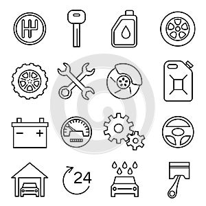 Car parts, services, auto repair thin line vector icons set