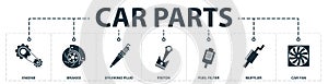 Car Parts set icons collection. Includes simple elements such as engine, brakes, sparking-plug, piston, fuel filter, muffler, car