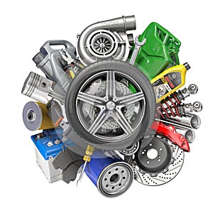 Car parts, spares and accesoires. Auto service and car repair workshop concept