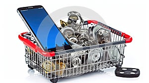 Car parts, spares and accesoires in shopping basket and smartpho