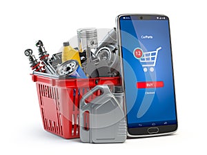 Car parts, spares and accesoires in shopping basket and smartphone isolated in white. Online purchasing and delivery of car spare