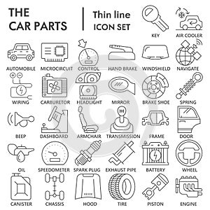 Car parts thin line icon set, vehicle repairing symbols collection or sketches. Car inside and outside linear style