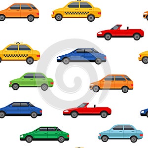 Car pattern. Road traffic print. Auto toy track with vehicles. Taxi cab. Cabriolet or crossover. Cartoon bus and