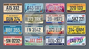 Car plates. American registration numbers of different states, vehicles license plates. Vector isolated signs set