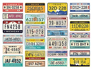 Car plates. Highway automobile license numbers old retro style vector signs collection