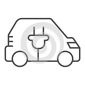 Car and plug thin line icon, Electric car concept, EV transport logo sign on white background, hybrid electric vehicle