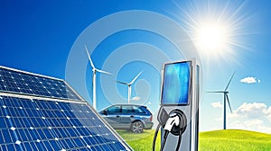 A car is plugged into a solar panel