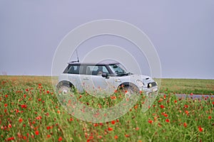 The car is in the poppy field. Meadow with beautiful bright red poppy flowers in spring