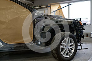 Car prepared for painting in body shop