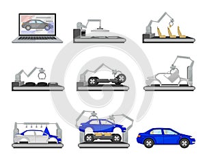 Car Production Assembly Line Process with Industrial Robots and Equipment Vector Set