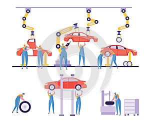 Car Production Factory Machinery Line Set. Automotive Industry Automatic Robotic Plant Design. Man Character Work