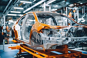 Car production line. Assembling a car on a conveyor belt. Close-up of a car body. Automotive industry Interior of a high-tech