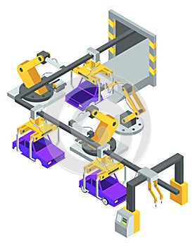 Car production line. Automatic factory isometric manufacture