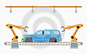 Car production line concept. Auto assembly conveyor.