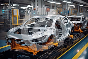 Car production line features automated robots expertly assembling vehicles