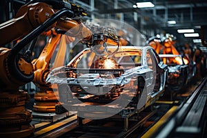 Car Production line Robotic welding in the industrial mega factory with generate Ai.