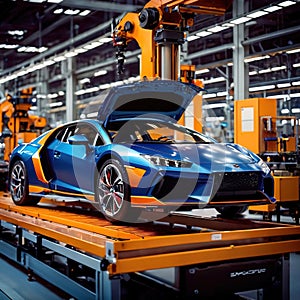 Car production manufacturing industry on automated robotic assembly line