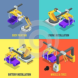 Car production phases. Automated machinery line. Industrial isometric vector illustrations