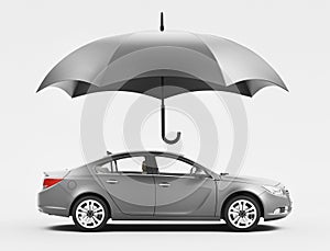 Car protected by umbrella, insurance concept, 3d rendering illustration