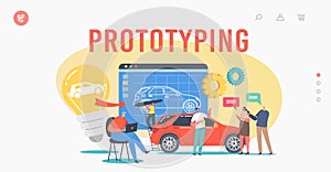 Car Prototyping Landing Page Template. Engineer Designer Characters Perform Automobile Prototype Project