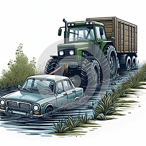 A car pulls a tractor out of the water.
