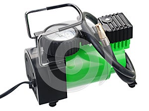 Car pump with manometer, air compressor on white