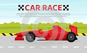 Car race banner. Poster, web banner, flyer, brochure template with red racing car vector