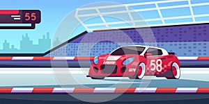 Car race. Cartoon sport competition with fast automobile on start line. High-speed bolide driving on road. Professional