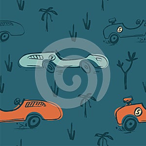 Car race funny cool summer t-shirt seamless pattern. Road trip vacation print design. Beach sports