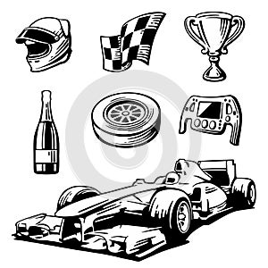 Car race icons set. Helmet, wheel, tire, speedometer, cup, flag, Vector flat illustration on white background.