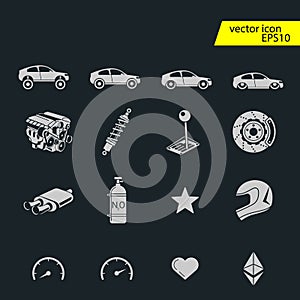 Car race icons set. Stopwatch and speedometer, tire, helmet and cup, winning finish, flag and speed competition, vector illustrati