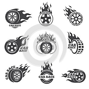 Car race logo set. Wheel with fire flame
