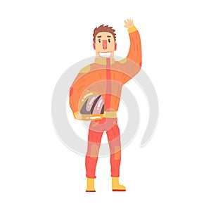 Car racing driver man in an orange uniform greeting fans, member of racing team vector Illustration