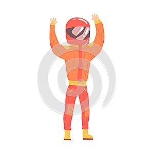 Car racing driver man in an orange uniform and helmet greeting fans, racing participant vector Illustration