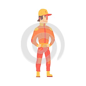 Car racing driver man in an orange uniform, member of racing team vector Illustration