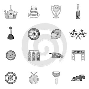 Car racing icons set, black monochrome style