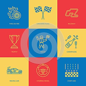 Car racing vector line icons. Speed auto championship signs - track, automobile, racer, helmet, checkers flags, steering