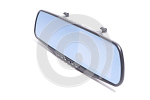 car rear view mirror with DVR isolated on white background.