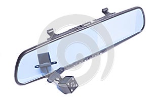 car rear view mirror with DVR and rear view camera isolated on white background.