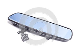 car rear view mirror with DVR and rear view camera isolated on white background.