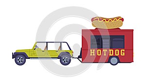 Car with Red Food Truck as Equipped Motorized Vehicle for Cooking and Selling Street Food Vector Illustration