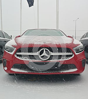 Car red mercedes snow aclass