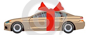 Car with red ribbon gift bow. Present icon