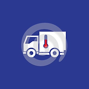 Car with refrigerator icon. Truck with thermometer on a blue background.