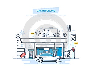 Car refueling with gasoline at filling station. Car service, shop.