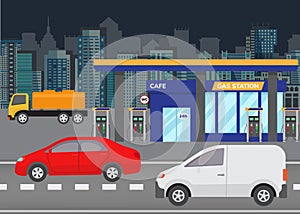 Car refueling petrol at gas station vector illustration. City building skyline in the background with modern cars on