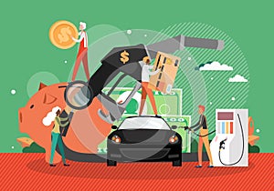 Car refueling at petroleum station. Fuel petrol gas filling station, gasoline pump hose, people, vector illustration.