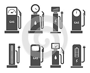 Car refueling station icons. Gas and petrol pump, electric vehicle charger and fuel refilling pictogram symbol vector set