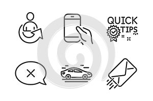 Car, Reject and Share icons set. Quick tips, Hold smartphone and E-mail signs. Transport, Delete message. Vector